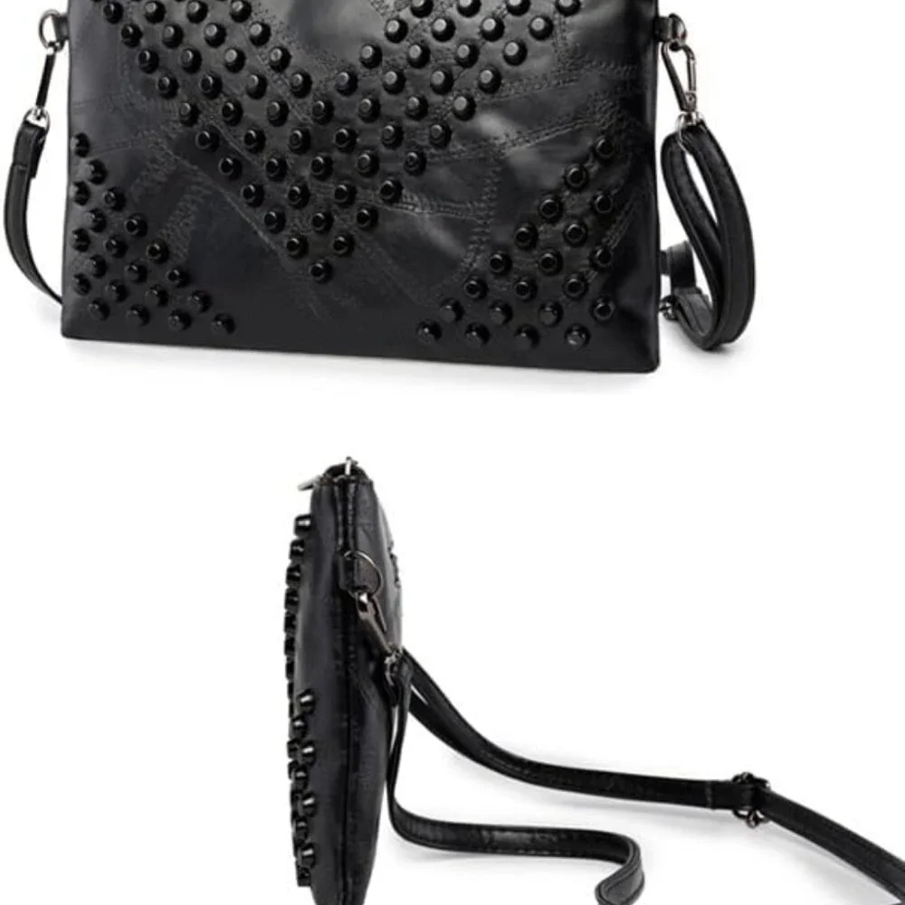 Women Clutch Bag Gothic Punk PU Leather Studded Crossbody Wristlet Evening